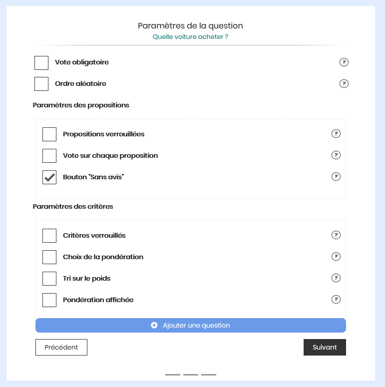 Création d'un Qwiid - Paramètres de la matrice de décision